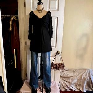 PattyBoutik Whimsygoth Black Grunge Vampire Witchy Ruched Crochet Tunic Top XL